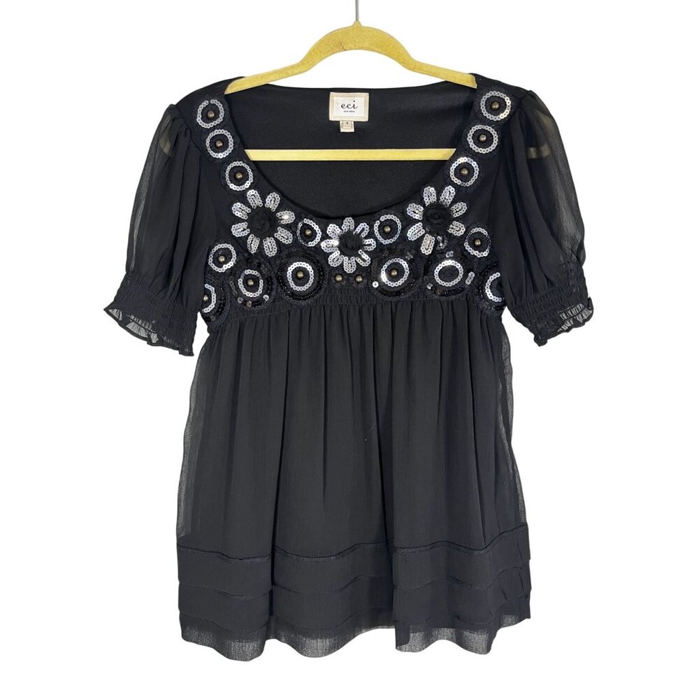 Retro Floral Sheer‎ Sequin Babydoll Top Black 4 Chiffon Smocked Y2K Neutral 80s